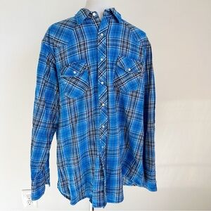 Wrangler Wrancher Blue Plaid Cotton Flannel Pearlized Snap Western Shirt, XLT